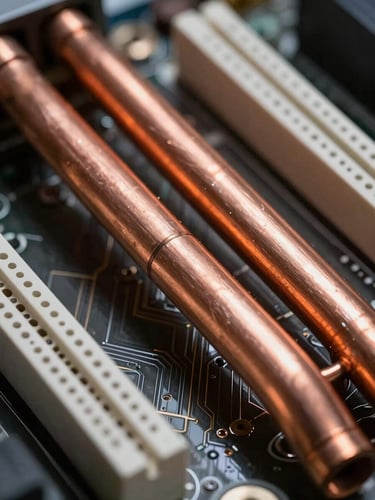 Extreme close-up macro shot of copper heat pipes and pristine motherboard circuitry, low-key workshop lighting with a sharp orange ambient glow reflecting off metallic surfaces, technical precision.