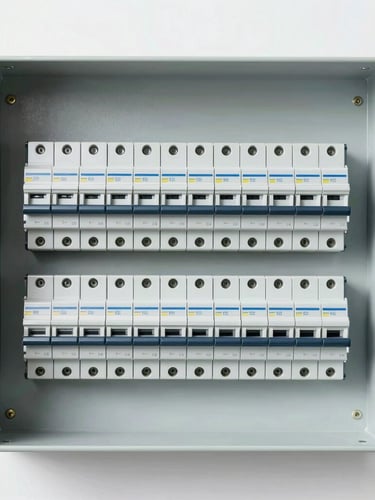 Straight-on medium shot of a clean, modern electrical DB box with neatly organized switches and labeled breakers, bright utility lighting, crisp details, no humans.