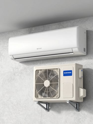 A clean, modern indoor wall-mounted air-conditioning unit paired with its outdoor compressor unit, installed neatly against a clean concrete wall. Crisp details, bright utility lighting, straight-on medium shot, showing professional installation, no people.