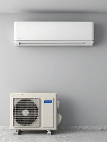 Straight-on commercial photography of a modern white indoor wall AC unit mounted neatly on a clean grey wall, paired with its matching outdoor compressor unit sitting on a concrete ledge, bright clean utility lighting, realistic colors, no people.
