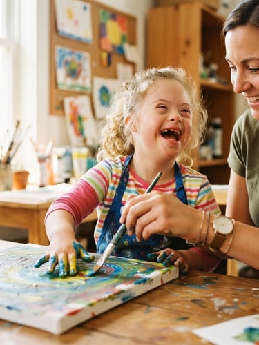 Warm editorial photography of a child with a disability laughing while painting with a therapist, bright natural daylight, close-up shot focusing on hands and expressions, 35mm lens