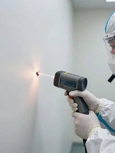 Macro photograph of a professional technician in full white biohazard PPE, using a precise thermal imaging device to detect pests inside a wall crevice, clinical lighting.