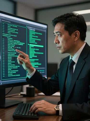 Editorial portrait of a legal expert reviewing digital regulatory flows on a high-end screen in a dark Jakarta office, sharp contrast, emerald green status lights reflecting subtly, professional focus.