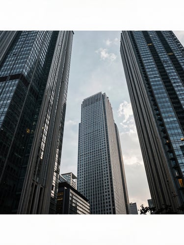 A low-perspective, high-contrast shot of modern Jakarta skyscrapers under cool, sharp office lighting, emphasizing architectural authority.
