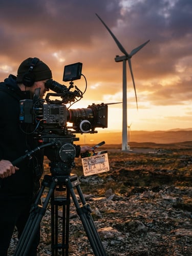 Behind-the-scenes shot of a professional camera rig on a heavy tripod, focusing on a massive industrial wind turbine in the background, warm sunset side-lighting, high-contrast, 35mm film grain.
