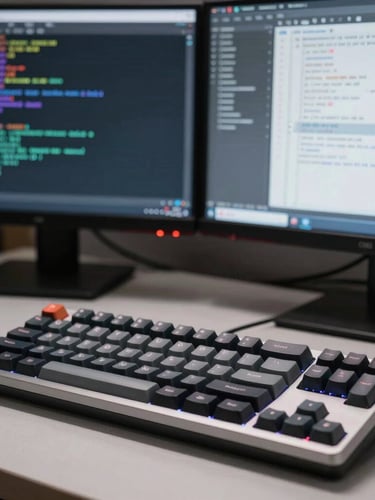 Macro high-contrast shot of a clean developer workspace in Toronto, a mechanical keyboard in the foreground, dual monitors displaying structured system architecture diagrams and clean code blocks, cool crisp studio lighting.