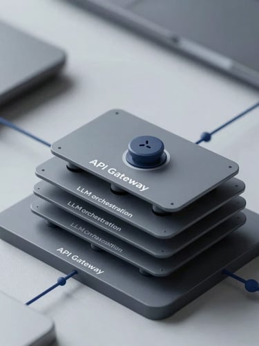 A structured, clean system architecture diagram displaying data flow between an API gateway, an LLM orchestration layer, and an enterprise database. High-contrast developer-grade interface mockup with crisp slate-gray and navy lines, cool studio lighting, macro perspective, shallow depth of field.