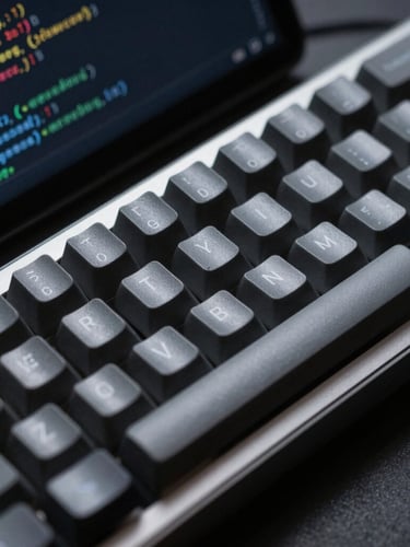 Macro shot of a clean, high-contrast code editor on a mechanical keyboard, cool slate-gray and deep navy lighting, shallow depth of field.
