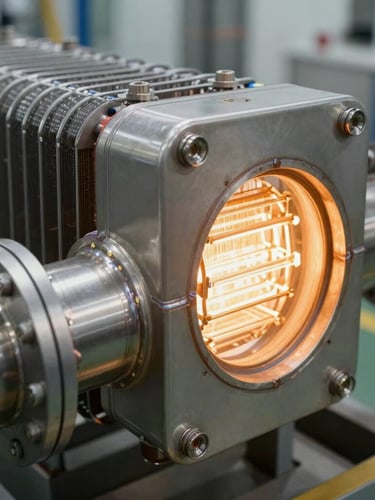 Close-up of a high-efficiency heat exchanger, clean industrial welds, glowing warm amber light from a thermal element, sharp focus, 35mm.