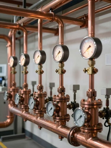 Bright daylight editorial photography of a modern commercial boiler room, clean copper piping, glowing pressure gauges, sharp focus, 35mm