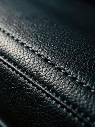 Macro close-up of premium black leather stitching and heavy-grain texture, dramatic trackside paddock lighting, metallic highlights, 35mm film grain