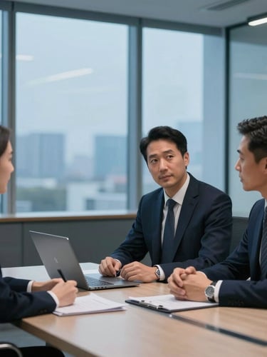 Modern corporate office meeting room, professional negotiators discussing calmly, soft blue hour light, premium business environment