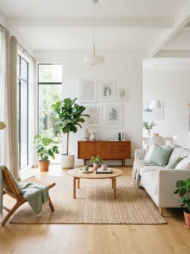 Wide environmental shot of a pristine, sunlit living room with crisp white walls and natural daylight, 35mm lens, high-key lighting.