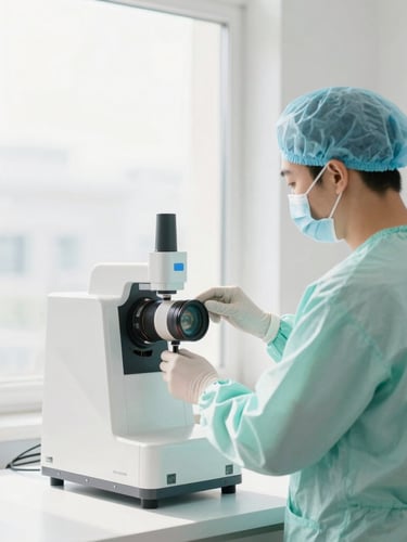 A professional technician wearing a clean uniform and gloves operating a specialized molecular air neutralization machine inside a sunlit room, bright high-key lighting, 35mm lens.