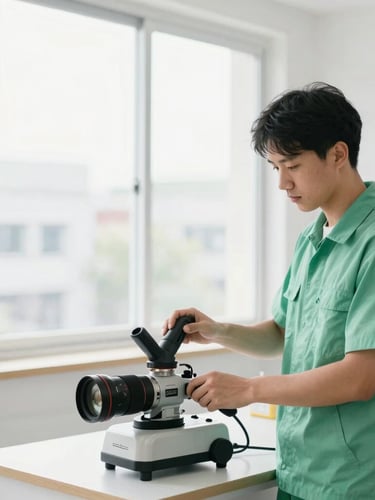 Medium shot of a technician in a clean uniform operating specialized remediation equipment in a bright, airy commercial space, crisp natural daylight.