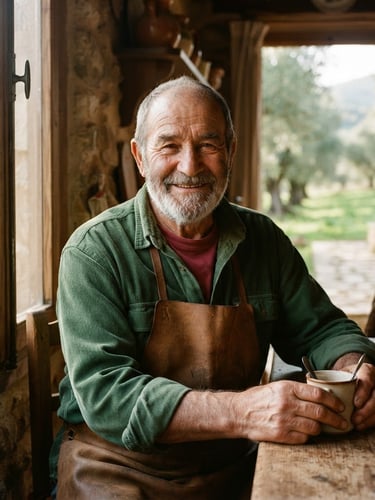 Portrait of an elderly Spanish olive farmer smiling warmly, soft morning window light, olive trees blurred in the background, warm editorial style, 35mm lens