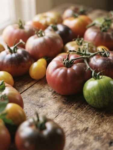 Close-up of fresh heirloom tomatoes on a rustic wooden table, soft morning side light, warm editorial style, 35mm lens
