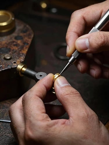 Hands of a master jeweler working with precision tools on a gold setting, dramatic low-key lighting, deep shadows, rich gold tones
