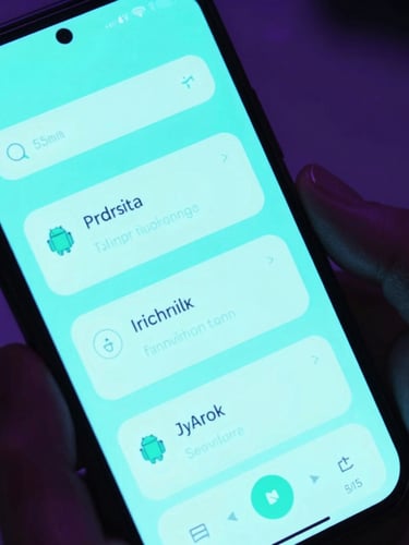 A close-up high-fidelity Android device mockup displaying a sleek neon-cyan productivity dashboard interface, dark moody studio lighting with violet backlights, 35mm