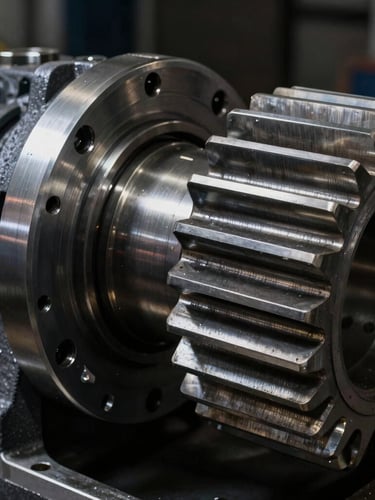 Macro close-up of clean gear teeth inside a heavy-duty gearbox, dramatic workshop side-lighting highlighting metallic textures on a dark background, sharp focus, 50mm