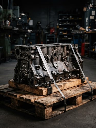 High-contrast, side-lit image of a clean, unpolished engine block secured on a shipping pallet in an organized, industrial workshop. Sharp focus on metallic textures, 50mm lens.
