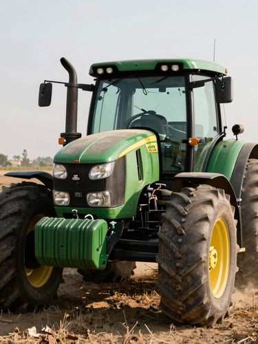 Vista frontal de un tractor John Deere en un campo de cultivo mexicano, con el sol de la mañana iluminando el metal y el polvo, en un encuadre de retrato que sangra a la derecha.