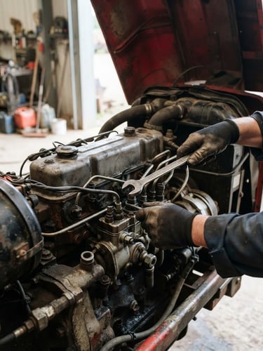 Close-up of a tractor engine bay being serviced by a mechanic's hands, tools visible, bright natural daylight, sharp focus on mechanical details.