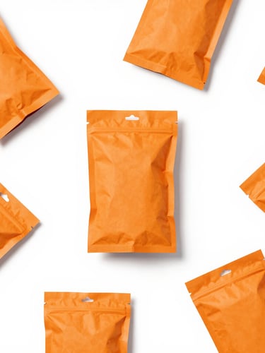 Vibrant high-key flat-lay of household essentials, orange packaging, clean pastel background, bright studio light