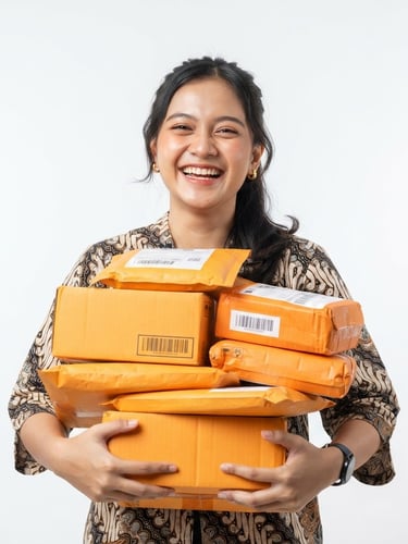 Bright high-key studio photo of a happy Indonesian customer holding multiple orange delivery packages, smiling directly, clean white background, crisp studio light