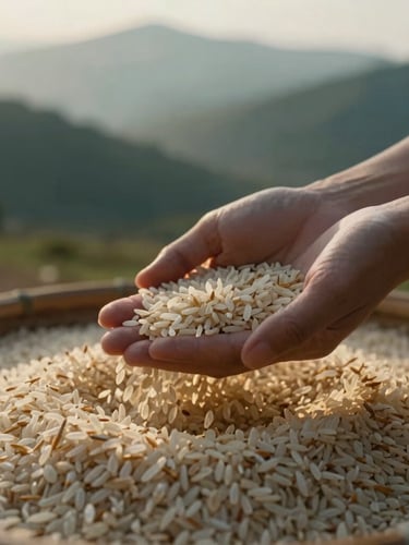 Close-up of hands gently winnowing long-grain rice in soft morning sunlight, misty Himalayan foothills in the distant background, warm golden highlights, editorial style