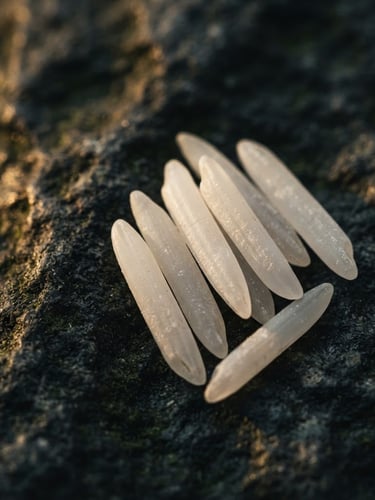 Macro photograph of extra-long raw rice grains resting on dark textured stone, dramatic side-lighting with warm golden highlights catching the pristine white grain texture.