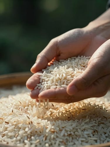 Close-up of hands gently winnowing long white rice grains in soft golden sunlight, dark forest green background, moody editorial food photography.