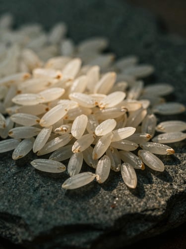Macro photograph of raw, extra-long white rice grains resting on dark textured stone, dramatic side-lighting catching the pristine texture.