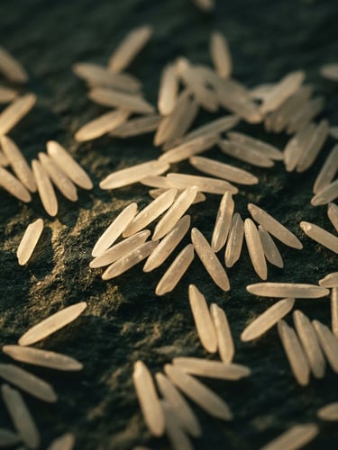 Macro close-up of extra-long raw Basmati grains resting on dark textured stone, dramatic side-lighting catching golden highlights