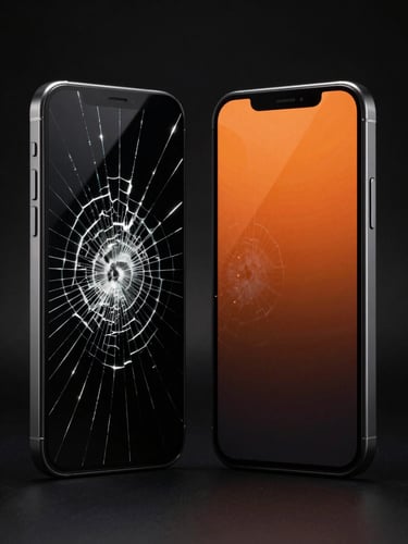 Studio shot on black seamless, two smartphones side by side: left phone with a shattered cracked screen under harsh strobe light showing spiderweb fractures, right phone with intact display and visible protective film layer catching orange directional side-light — extreme contrast, forensic product photography