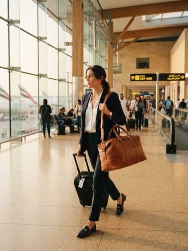 A professional in transit carrying a leather bag, walking through a modern, sunlit international airport terminal, warm sand tones, 35mm lens.