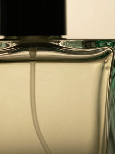 Macro shot of a minimalist glass perfume bottle catching warm golden-hour light, deep emerald and champagne tones, highly detailed glass texture, soft shadows, editorial luxury photography