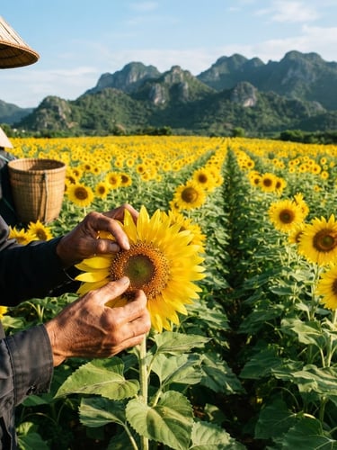 Wide shot of a vibrant sunflower field under bright morning daylight in Tay Ninh, Vietnam, with a farmer's hands gently inspecting a blooming sunflower in the left foreground, forest green mountains in the distant background, authentic agricultural photography, sharp focus, 35mm