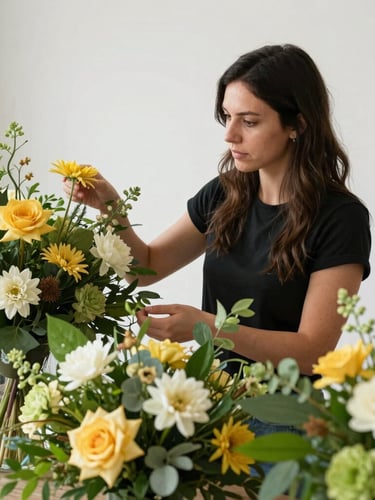 Portrait shot of a professional event designer reviewing floral arrangements on-site, natural morning light, clean background, focus on the designer and flowers.