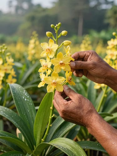 Cận cảnh bàn tay nông dân đang kiểm tra một bông lan Mokara nở rộ, lá xanh tươi, giọt sương đọng trên cánh hoa, ánh sáng tự nhiên, nền vườn mờ.