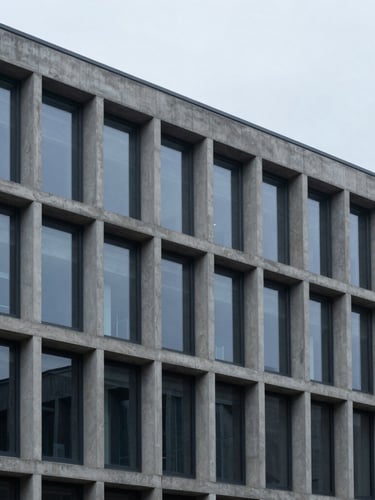 Minimalist architectural photography of a modern concrete and steel corporate headquarters facade, sharp structural lines, cool overcast daylight, desaturated blue tones, 35mm.
