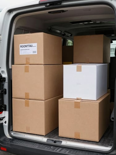 Cardboard boxes on industrial pallet racks in a large, clean logistics distribution warehouse.