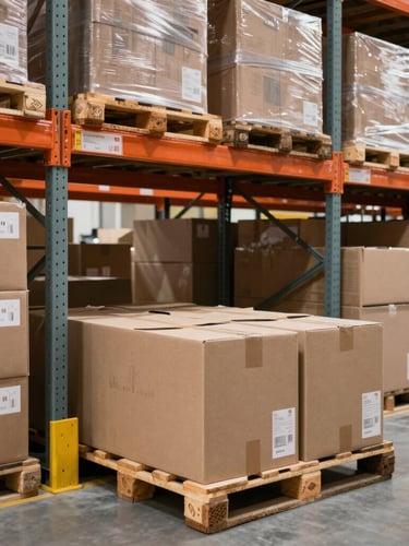 Straight-on, high-contrast industrial shot of neatly stacked wooden pallets with cardboard boxes in a clean warehouse, bright daylight, 35mm lens
