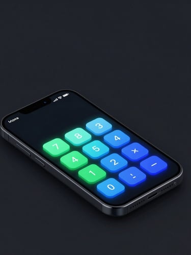Sleek 3D render of a minimalist Android phone screen displaying a dark mode calculator interface, neon blue and green accents, low-key studio lighting, isometric view