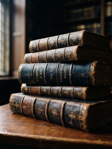 Close-up of classic leather-bound legal volumes stacked on a polished wooden desk, soft dramatic window light creating deep shadows, deep navy and warm brass tones, shallow depth of field, 50mm.