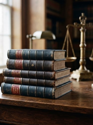 Classic leather-bound legal volumes stacked on a dark wood desk, with a brass scale of justice in soft focus in the background, illuminated by soft window light, deep navy and warm brass tones, shallow depth of field, 50mm