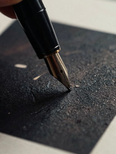 Macro shot of a black fountain pen tip writing directly over a dark, moody photographic page, wet ink drying on textured paper, low-key dramatic side-lighting, 35mm film grain