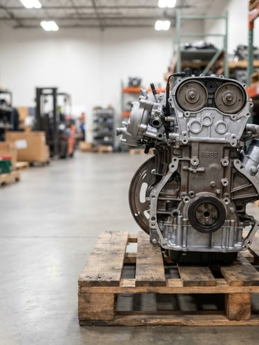 Clean, low-mileage JDM engine block on a wooden pallet under bright overhead warehouse lighting, sharp focus, metallic tones, side view, right third of frame