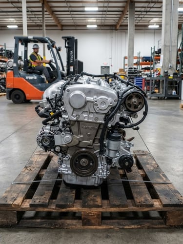 Overhead shot of a clean, organized JDM engine block on a wooden pallet in a brightly lit industrial warehouse, with a forklift in the background, sharp focus, technical style.