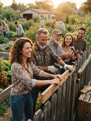 Warm documentary photography, natural golden-hour sunlight, rich earthy tones, candid human moments, 35mm film aesthetic. A diverse group of neighbors laughing while repairing a community garden fence, hands working together, focus on shared effort, wide shot with fence on the right.